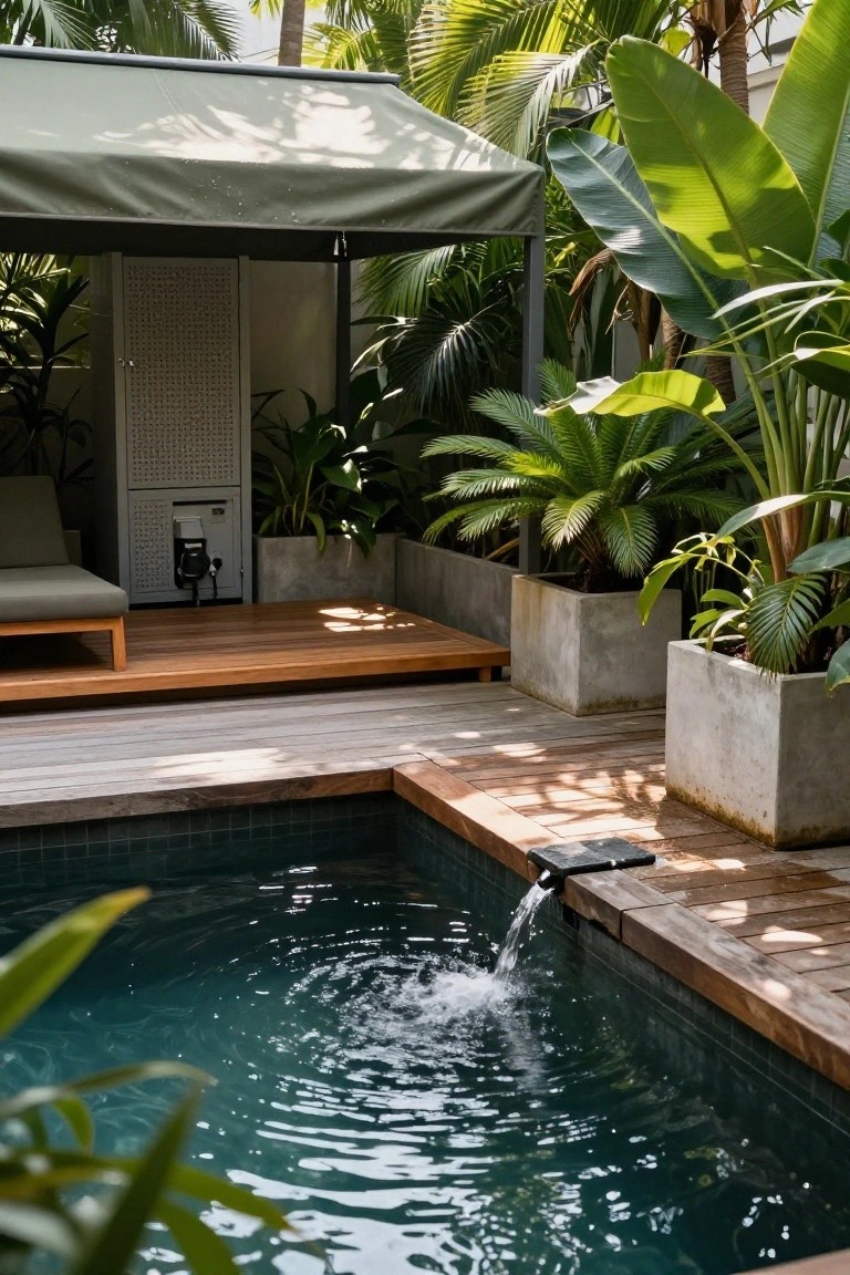 Small rectangular pool with dark green mosaic tiles and water flowing from a wooden deck edge, surrounded by tropical plants in tall concrete pots, wooden platform with lounge chair, and green shade canopy.