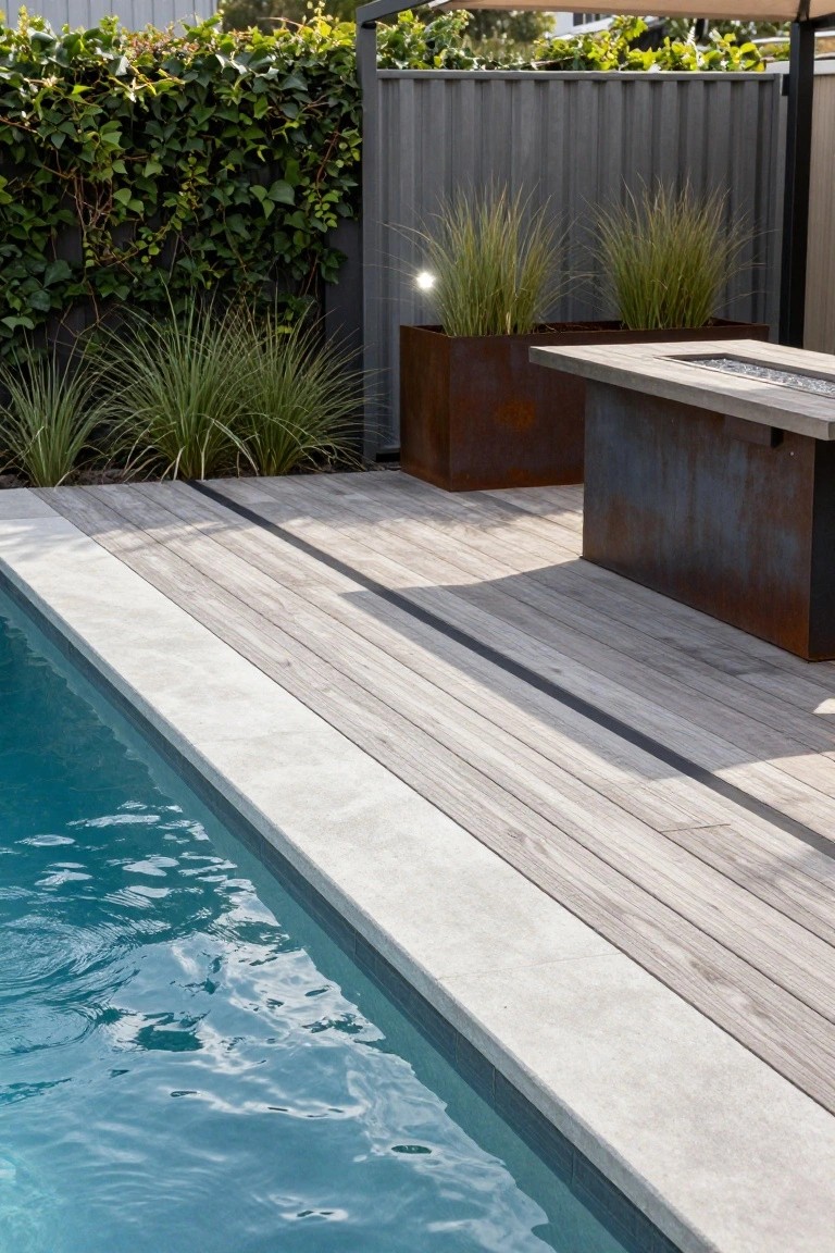 Pool deck with light timber decking adjacent to white concrete coping, featuring corten steel rectangular planters with tall ornamental grasses and a built-in corten steel bench topped with concrete containing a linear gas fire pit, backed by a gray metal fence covered in ivy.