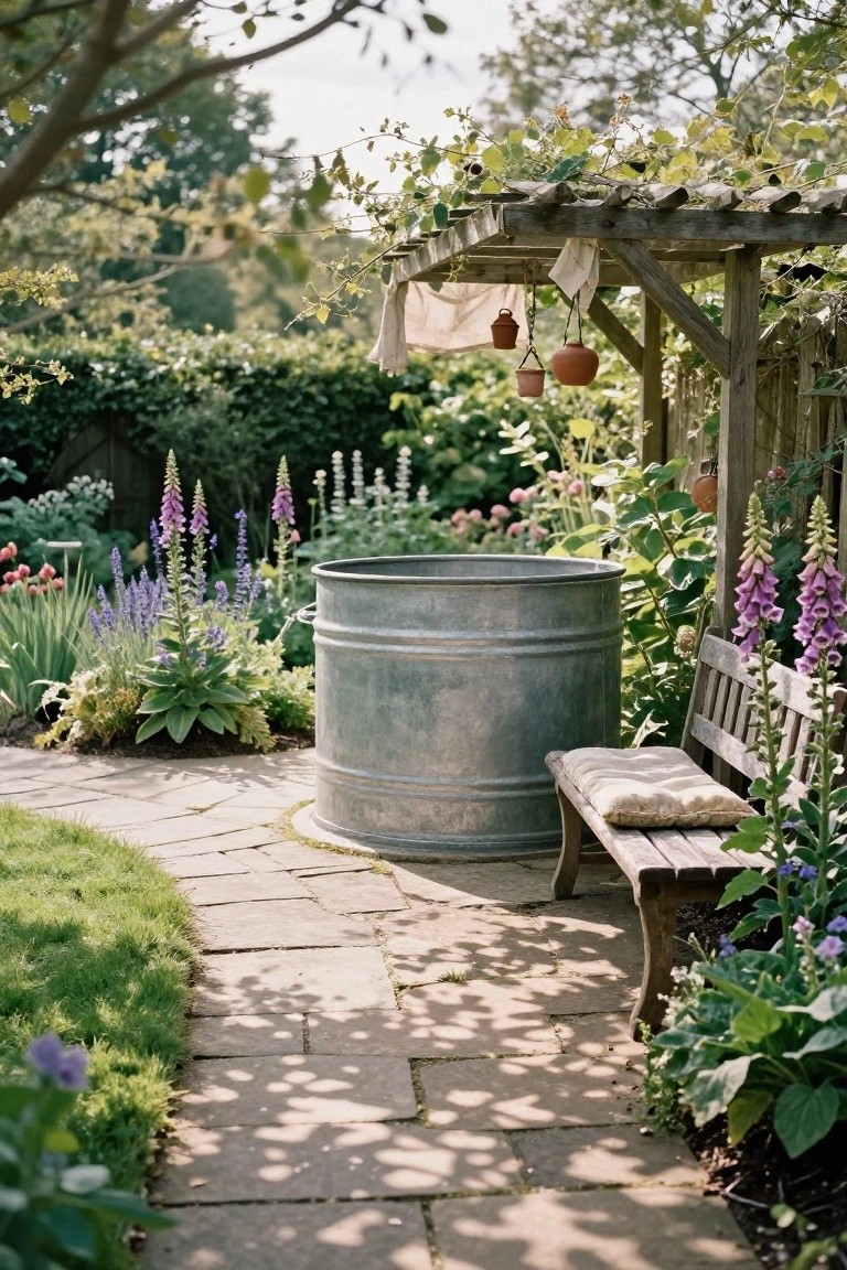 Galvanized metal stock tank in a lush garden surrounded by purple foxgloves and other flowers, with a curving stone path, wooden bench, and pergola with hanging pots.