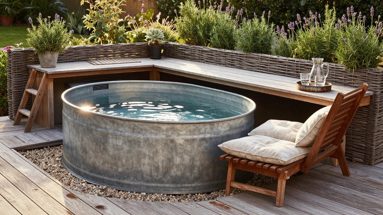 Galvanized stock tank pool sunk into wooden deck with curved bench seat and cushions, potted rosemary and lavender plants, bamboo privacy fence, wooden ladder, metal side table with glasses, and gravel surround in backyard.