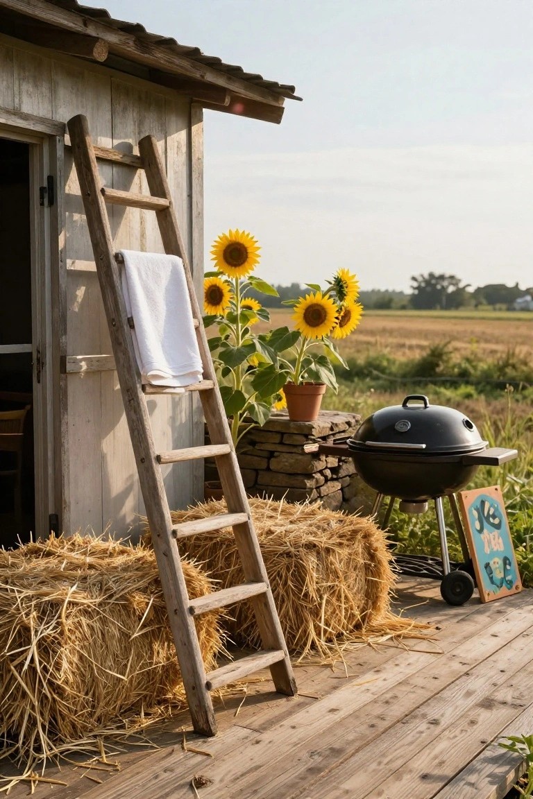 Rustic wooden deck with stacked hay bales, wooden ladder draped with white towel leaning against a shed door, potted sunflowers, stone wall, black kettle grill, and open fields in the background.