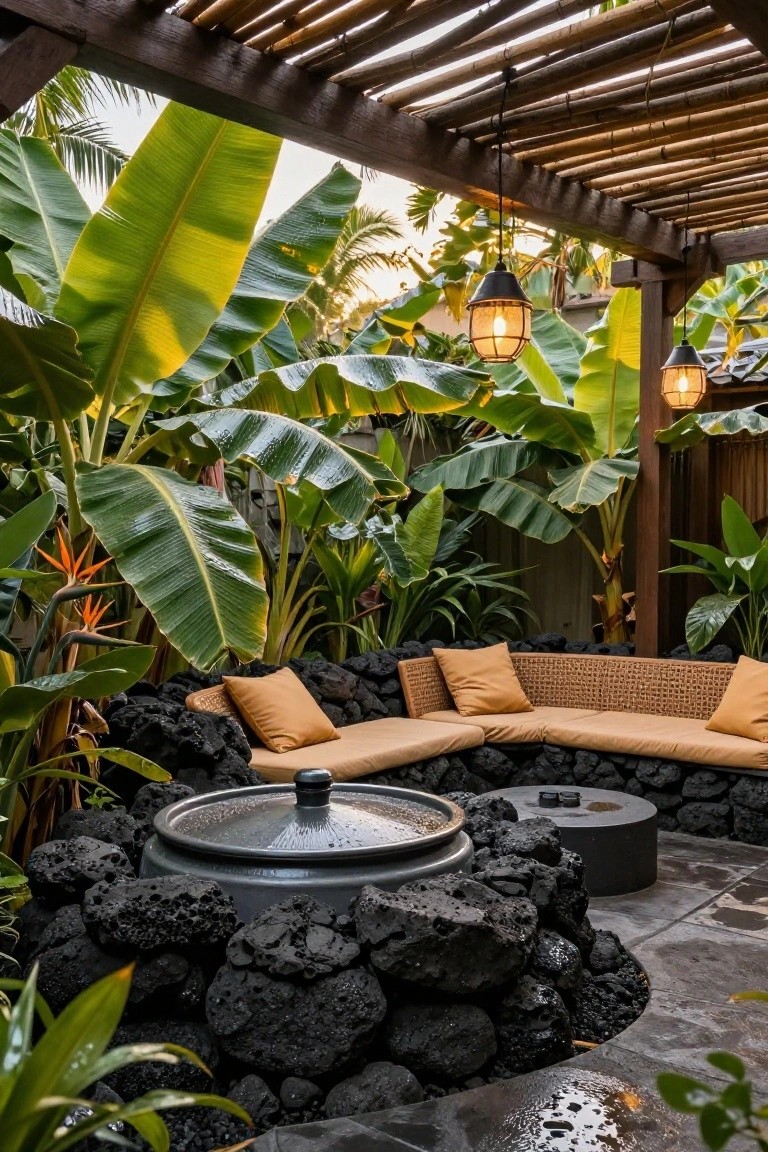 Black lava rock enclosure around a covered metal tub with a bench seat and orange cushions, surrounded by tropical plants under a bamboo pergola with hanging lanterns.