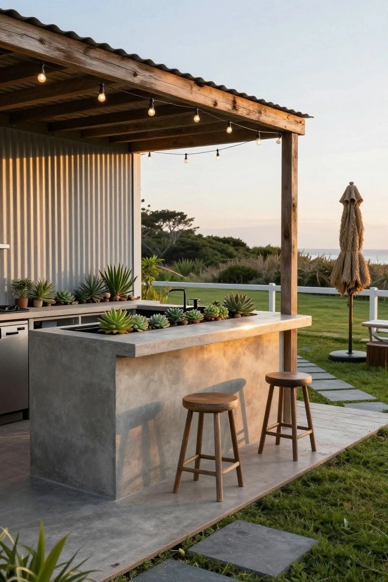 Outdoor concrete kitchen bar with succulents planted into recesses along the top edge, stainless steel dishwasher and sink built in, wooden bar stools, under a corrugated metal roof with string lights, adjacent to grass lawn and beach view.