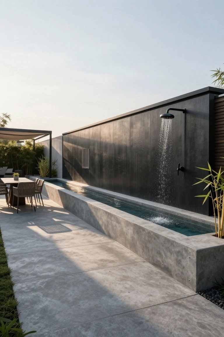 Outdoor patio featuring a dark wall with a black shower head pouring water into a long narrow turquoise pool, a wooden dining table with rattan chairs nearby, bamboo plants, and polished concrete flooring and walls under a partly cloudy sky.
