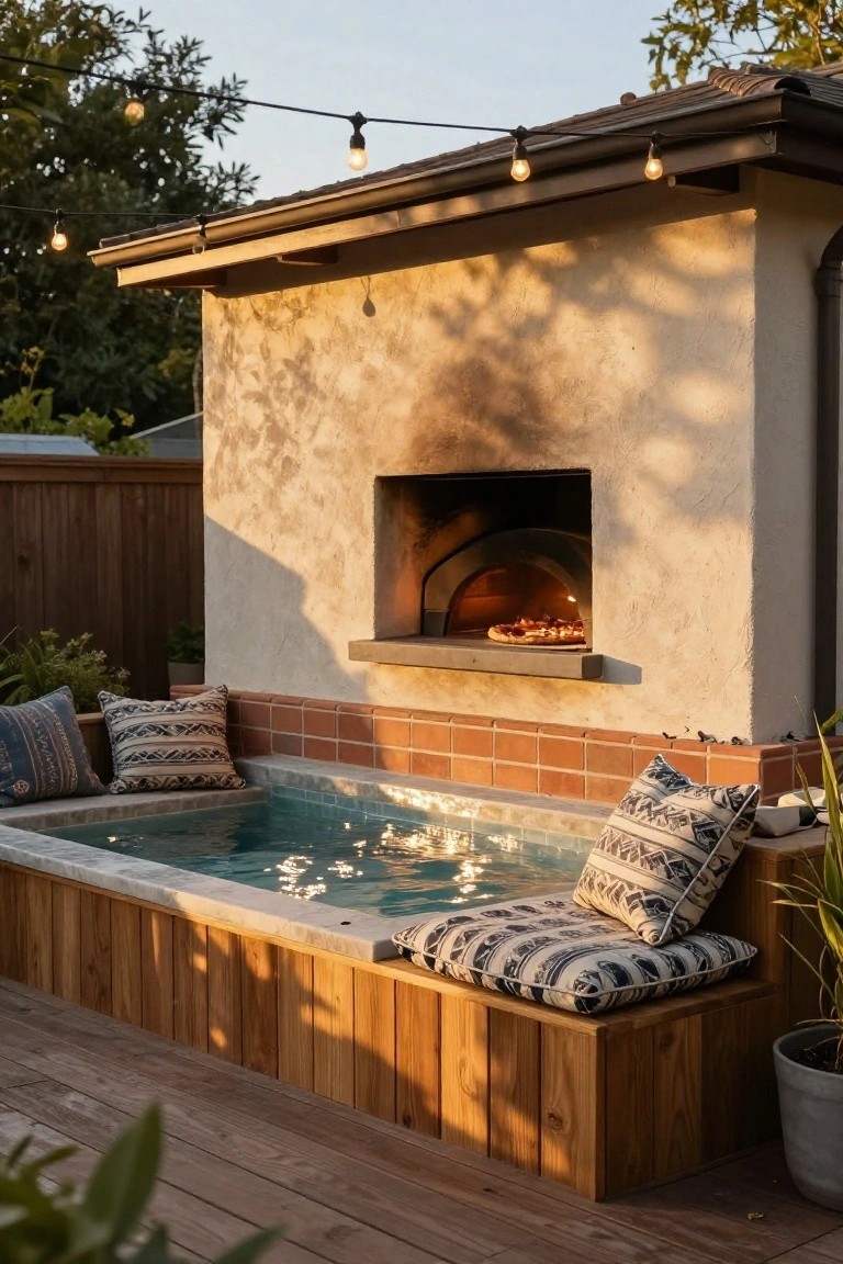 Backyard wooden deck with a small turquoise stock tank pool lined by cushioned benches, a wood-fired pizza oven in a stucco wall above it, string lights overhead, and potted plants nearby.