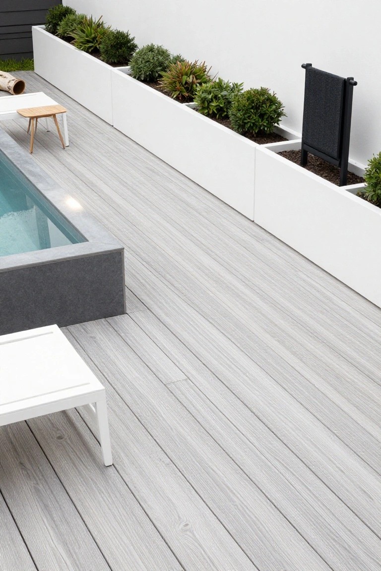 Light gray wood-look deck planks bordering a turquoise pool, with tall white rectangular planters filled with green shrubs and grasses along the edge, a small wooden stool, white chair, and black towel rack visible.