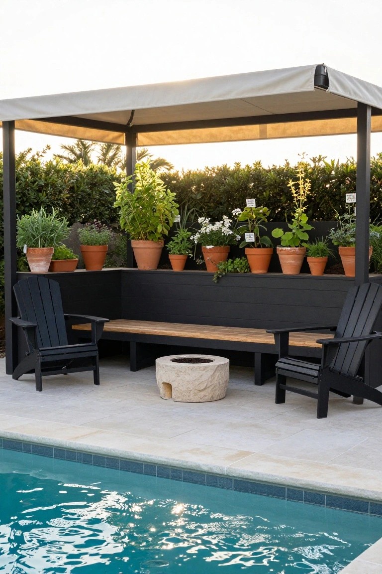 Poolside outdoor seating area with black Adirondack chairs, wooden bench against a black wall, round stone fire pit, terracotta plant pots, beige canopy structure, greenery backdrop, and turquoise pool in foreground.