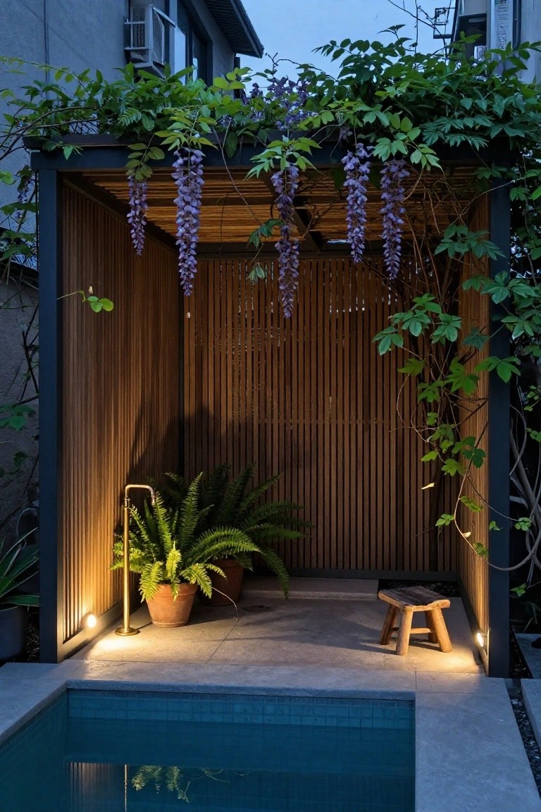 Small blue tiled pool next to a wooden slatted pergola enclosure covered in purple wisteria vines, with a gold outdoor shower head, potted ferns, wooden stool, and soft lighting on a concrete deck at dusk.