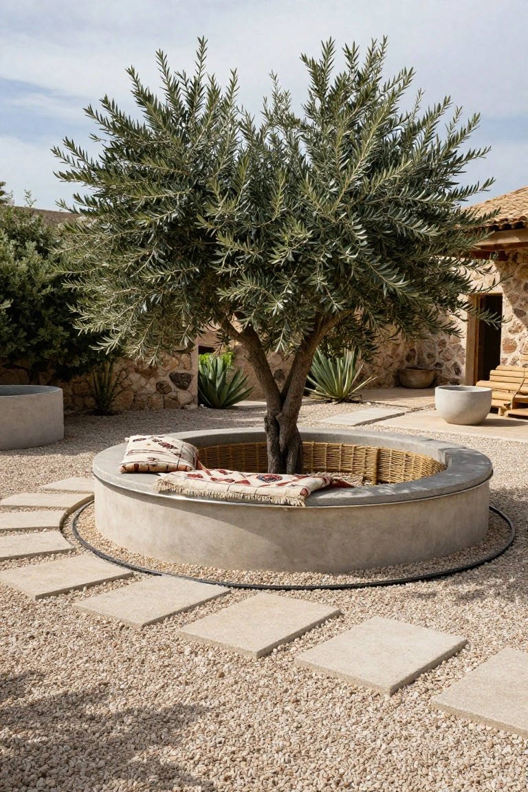 Gravel yard featuring a central circular concrete platform with built-in bench seating around an olive tree trunk, cushions and woven liner in the center, stone paver paths leading to it, agave plants, stone walls, and a thatched building in the background.