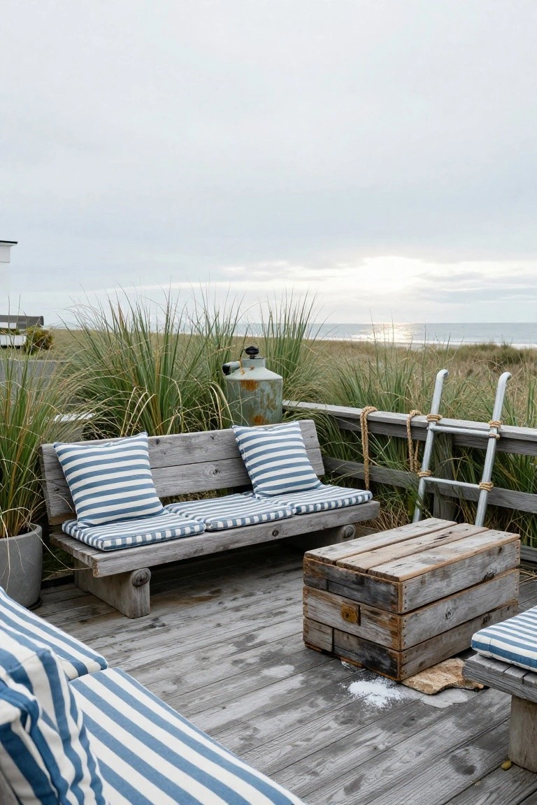 Weathered wooden deck with two blue-striped cushioned benches facing beach grasses, a wooden crate table, rusty metal canister, rope-tied metal ladder railing, and ocean view.