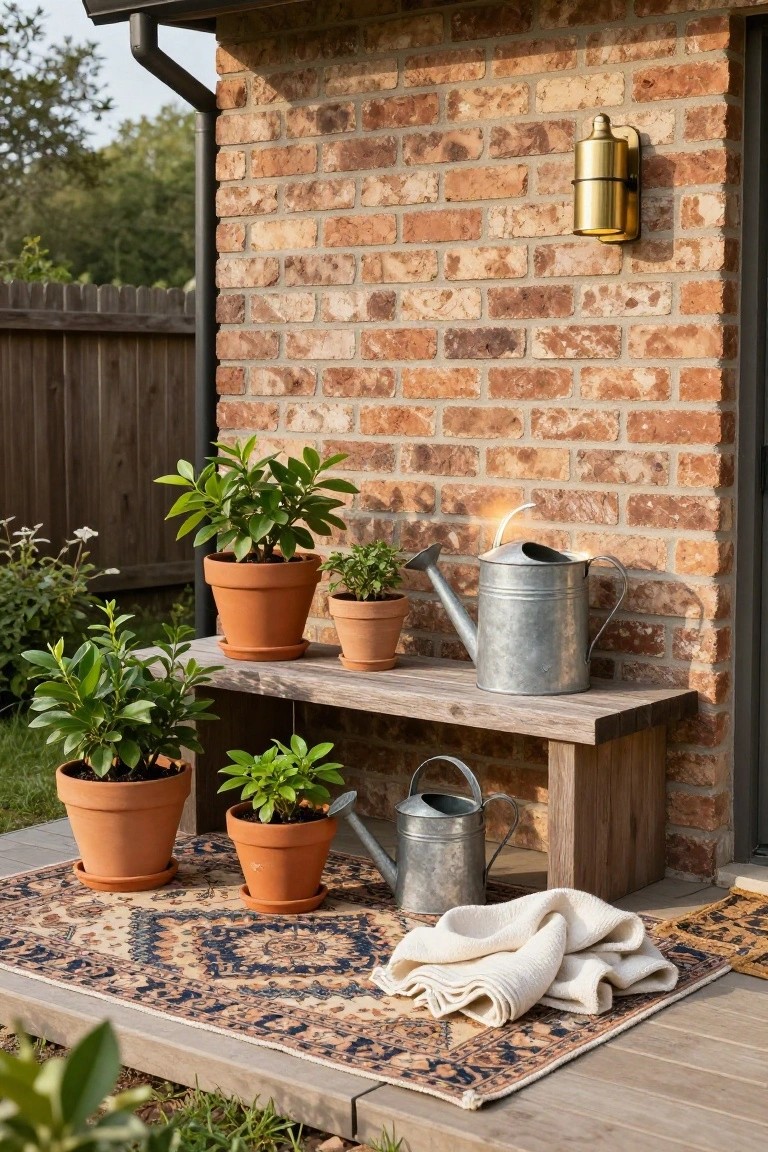 Wooden bench against brick wall on porch holds potted plants and metal watering cans, with rug and towel on deck below.