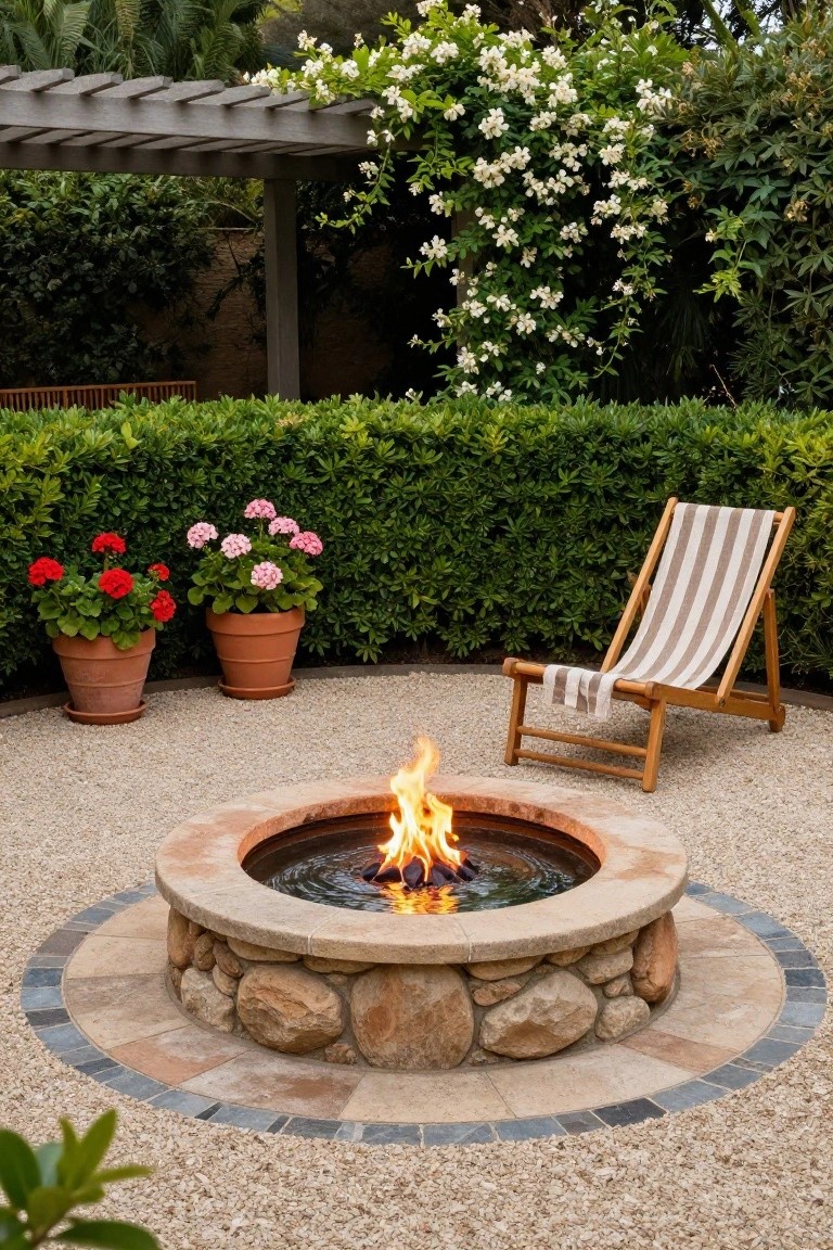 Circular stone fire pit with flames and surrounding water on a gravel patio, adjacent to a wooden striped lounge chair with towel, two terracotta pots of red and pink geraniums, boxwood hedges, and pergola with white flowering vines in the background.