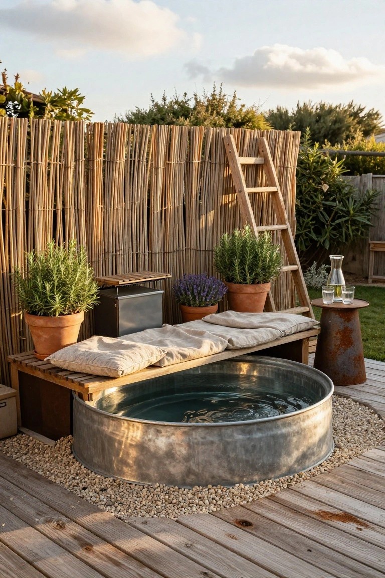Galvanized stock tank pool sunk into wooden deck with curved bench seat and cushions, potted rosemary and lavender plants, bamboo privacy fence, wooden ladder, metal side table with glasses, and gravel surround in backyard.