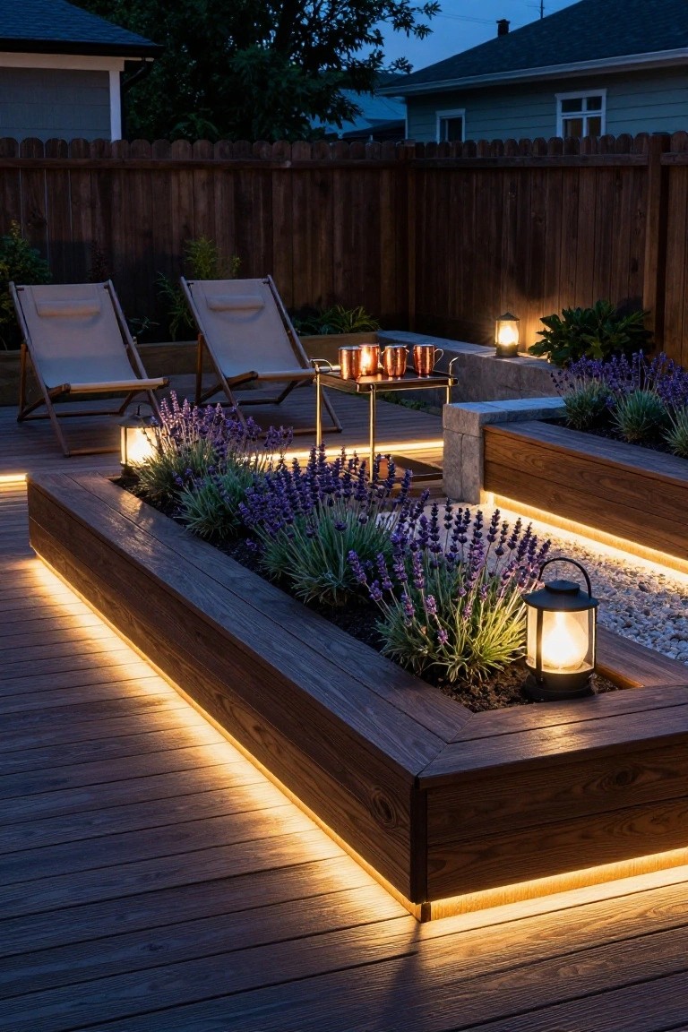 Wooden deck at dusk featuring raised rectangular planters with purple lavender, glowing LED strip lights along edges, two beige lounge chairs, metal tray table with copper mugs, lanterns, and backyard fence.