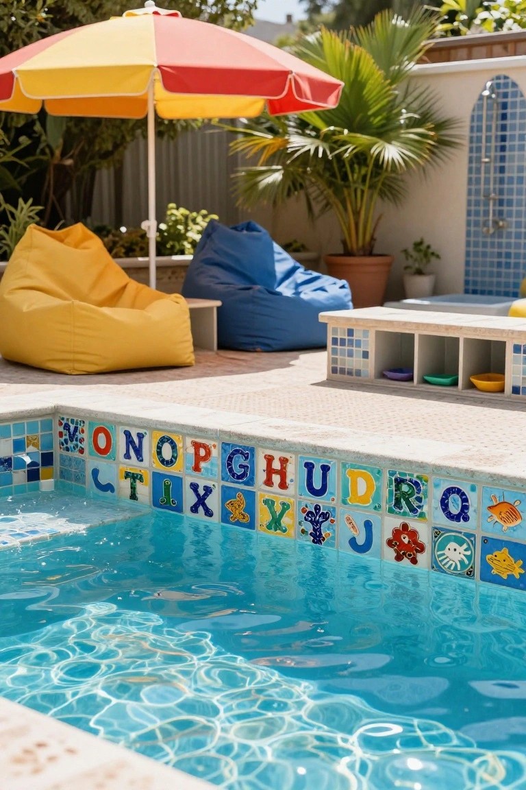 25 Artistic Mosaic Pool Tile Ideas That Feel Custom Made Backyard pool with colorful mosaic tiles forming alphabet letters and sea creatures along the edge, bean bag chairs nearby, potted plants, and a yellow and red beach umbrella.