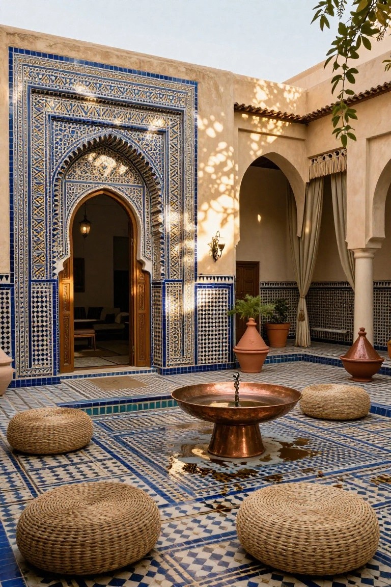 25 Artistic Mosaic Pool Tile Ideas That Feel Custom Made Courtyard patio with blue and white mosaic tiled floor surrounding a central copper fountain, woven poufs for seating, potted plants, and arched doorways with tile details.