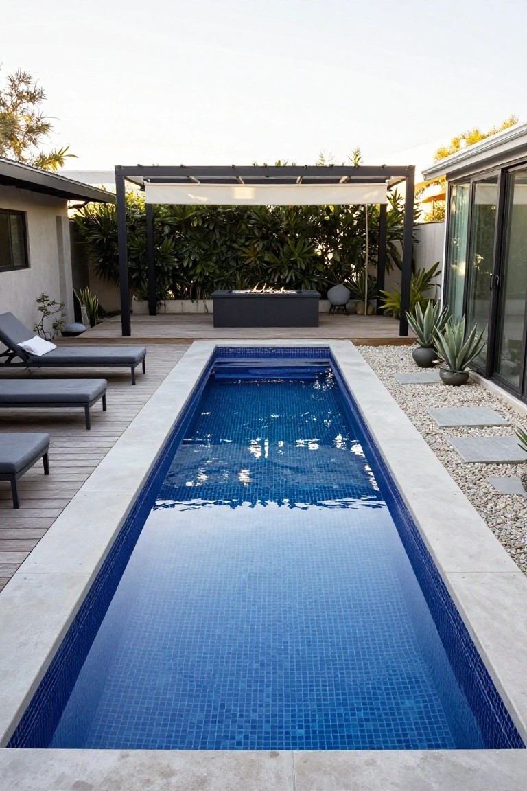 25 Artistic Mosaic Pool Tile Ideas That Feel Custom Made Narrow lap pool with blue mosaic tile lining and travertine coping, set in an outdoor courtyard with wooden decking, gray loungers, black fire pit, potted plants, pergola shade structure, and adjacent modern house walls.