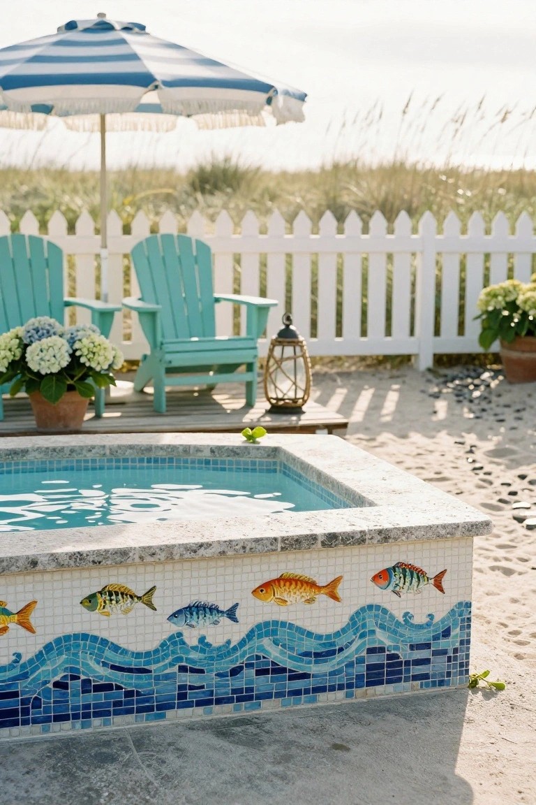 25 Artistic Mosaic Pool Tile Ideas That Feel Custom Made Small turquoise pool with colorful mosaic tiles depicting fish and waves along the edge, turquoise Adirondack chairs, potted hydrangeas, blue-and-white beach umbrella, lantern, and white picket fence near sand and dunes.