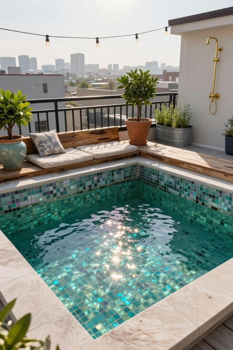 25 Artistic Mosaic Pool Tile Ideas That Feel Custom Made Rooftop corner pool tiled in iridescent green and blue mosaic with rippling water, adjacent wooden benches with cushions, potted plants, metal planters, gold shower head, string lights, and city skyline view.