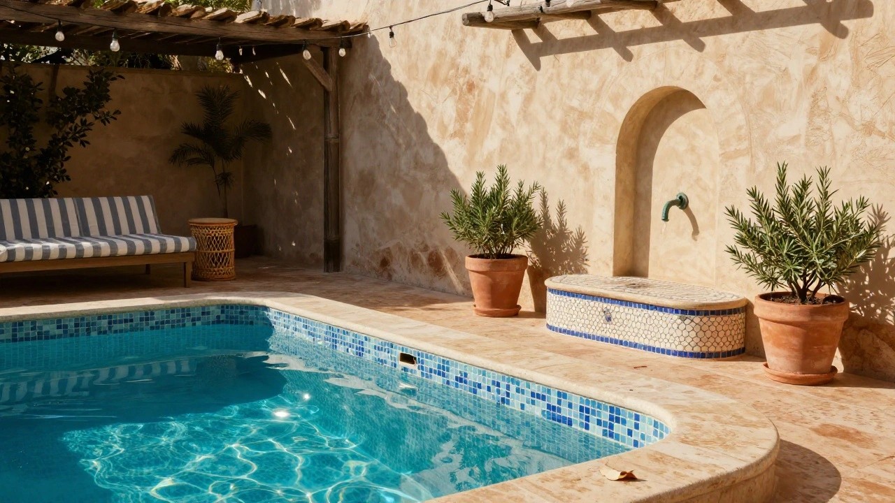Small turquoise pool with blue mosaic tiled edges and matching built-in bench, white stucco walls, potted olive trees, rattan chair, and terracotta tile floor in a sunny courtyard.