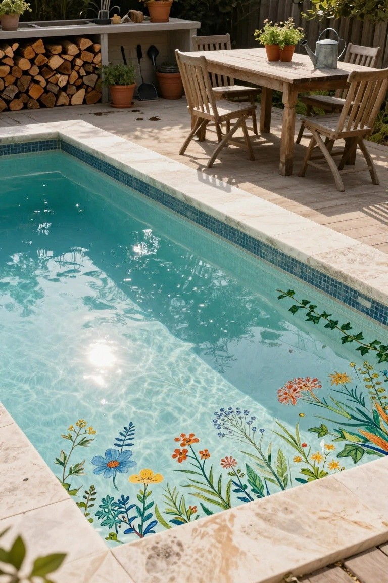 25 Artistic Mosaic Pool Tile Ideas That Feel Custom Made Small rectangular in-ground pool with turquoise water and blue mosaic tiles featuring colorful floral designs including blue, orange, and yellow flowers along the edges, surrounded by beige stone decking, wooden dining table with chairs, outdoor sink area, and potted plants.