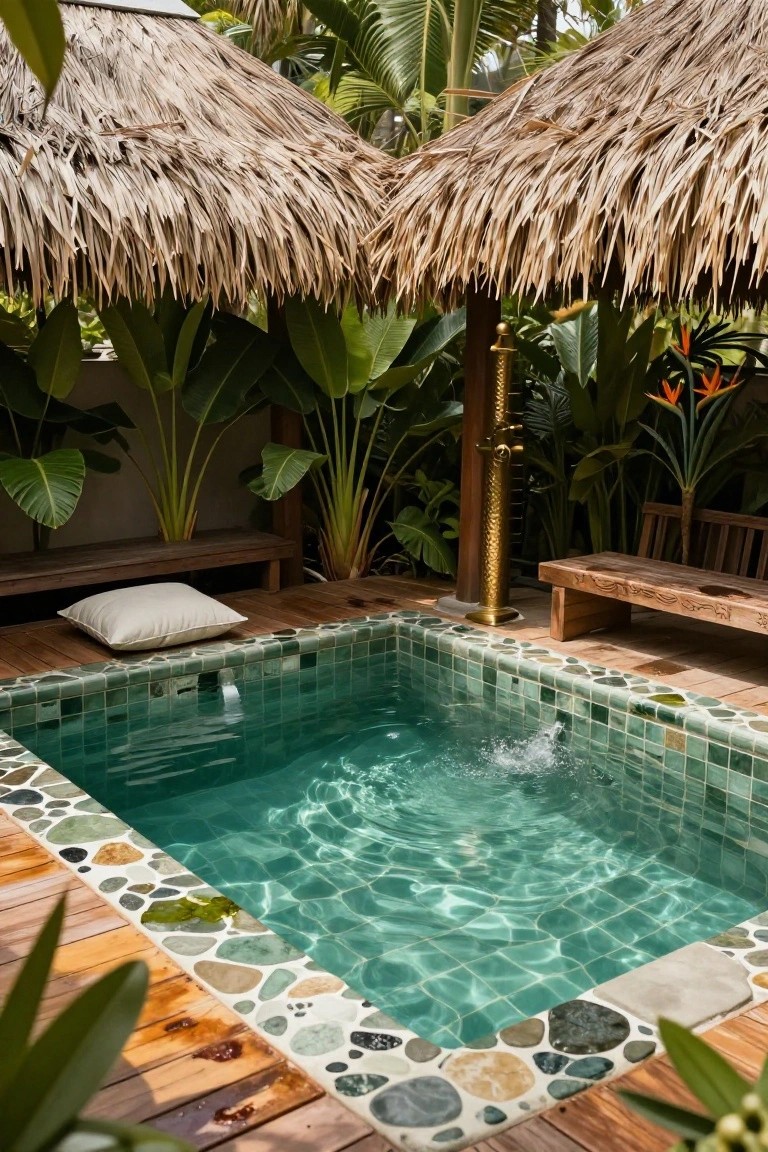 25 Artistic Mosaic Pool Tile Ideas That Feel Custom Made Small rectangular plunge pool with green mosaic tiles, pebble stone edging, wooden decking, benches, tropical plants, golden shower fixture, and thatched roof structures in an outdoor garden setting.