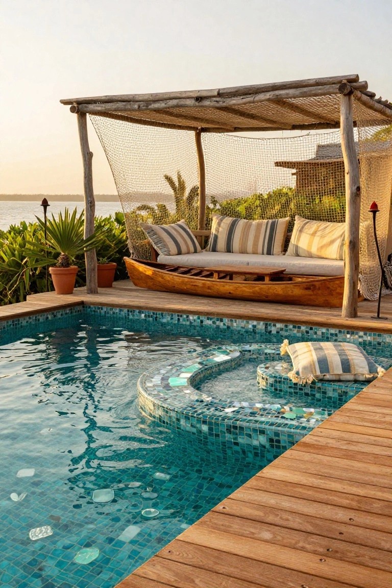 25 Artistic Mosaic Pool Tile Ideas That Feel Custom Made Turquoise mosaic-tiled pool with curved iridescent mosaic steps, wooden deck, canoe lounge under net canopy, potted plants, and sunset water view.