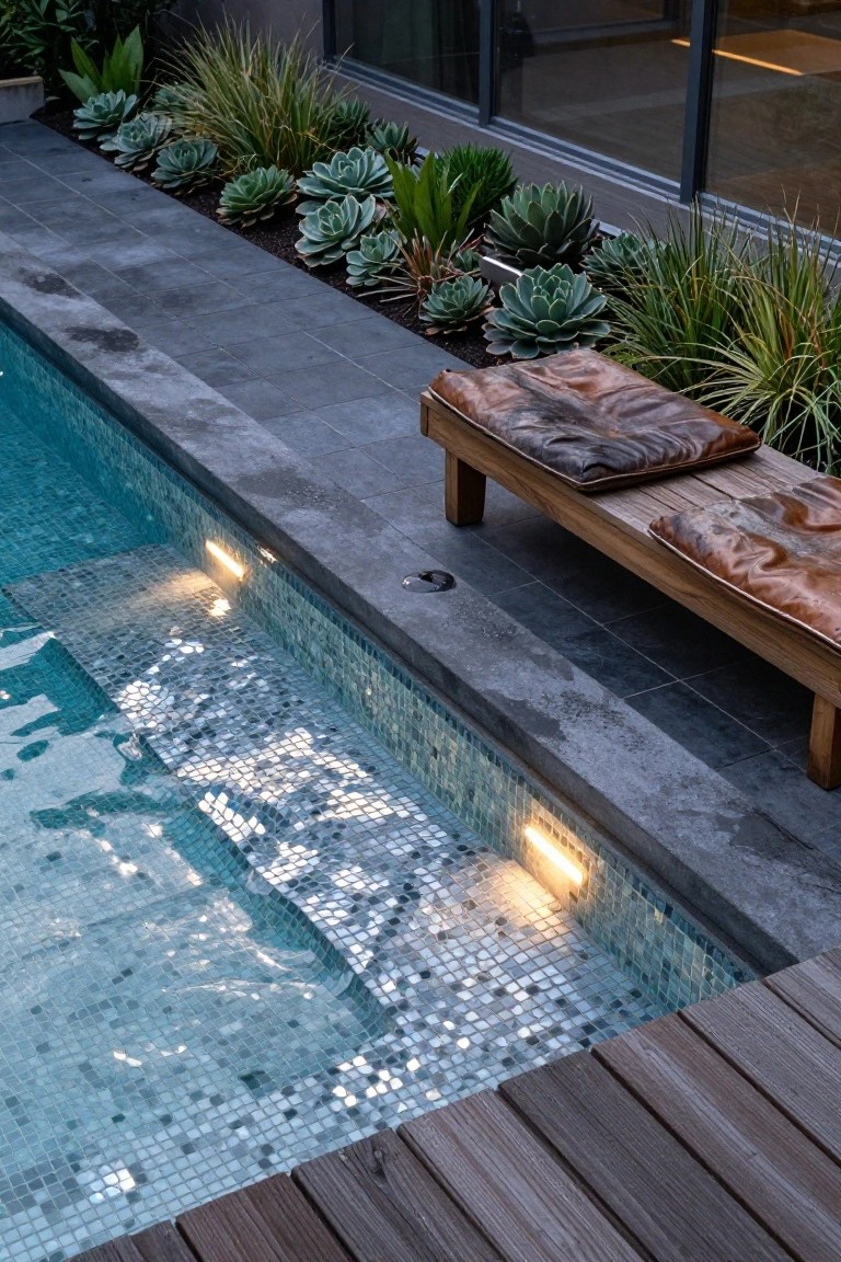 25 Artistic Mosaic Pool Tile Ideas That Feel Custom Made Close view of a swimming pool edge with iridescent blue glass mosaic tiles on steps, dark stone decking, wooden bench with leather cushions, edge lighting, and succulents planted alongside.