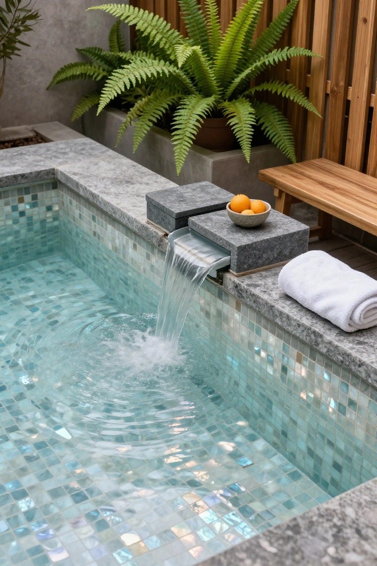 25 Artistic Mosaic Pool Tile Ideas That Feel Custom Made Close-up of a small pool with iridescent blue-green mosaic tiles, a stone waterfall cascading into the water, wooden bench, bowl of oranges, folded white towel, potted ferns, and wooden fence nearby.
