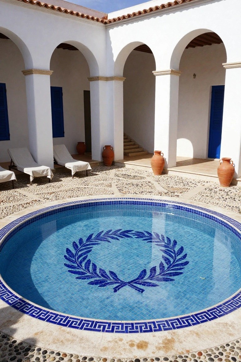 25 Artistic Mosaic Pool Tile Ideas That Feel Custom Made Round turquoise pool with blue mosaic laurel wreath design on the bottom and Greek key tile border, surrounded by white stucco arches, lounge chairs, terracotta pots, and pebble paving in a courtyard.