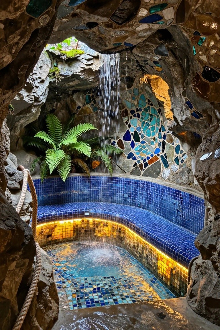 25 Artistic Mosaic Pool Tile Ideas That Feel Custom Made Cave-like indoor hot tub with blue tiled curved bench seating, colorful glass mosaic on rock walls, small waterfall from skylight, ferns, and rope handrail.