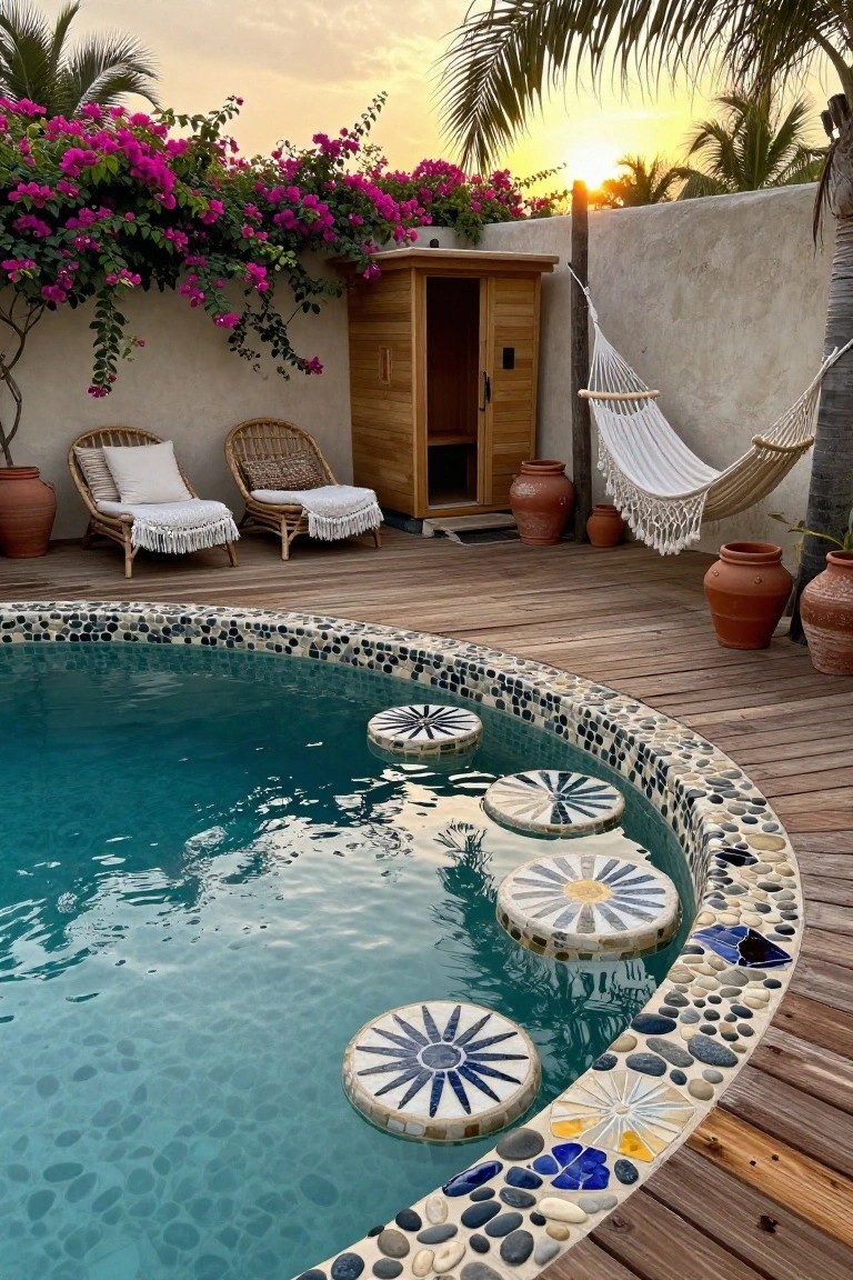 25 Artistic Mosaic Pool Tile Ideas That Feel Custom Made Round turquoise pool with black pebble and mosaic tile edging, featuring colorful mosaic sunburst stepping stones in the water, wooden deck, rattan chairs, hammock, sauna cabin, terracotta pots, and tropical plants against a sunset sky.