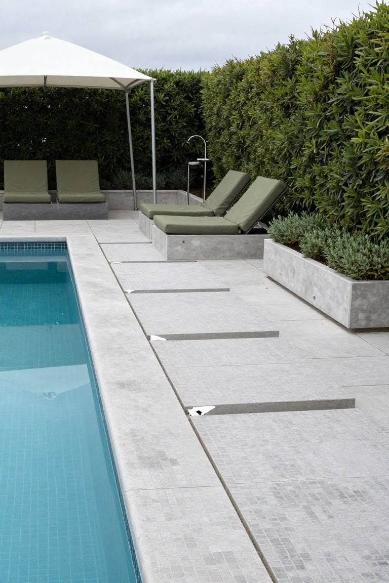 25 Artistic Mosaic Pool Tile Ideas That Feel Custom Made Rectangular pool with blue mosaic tile interior and gray tiled deck surround, green loungers, white umbrella, metal shower fixture, and tall green hedges nearby.