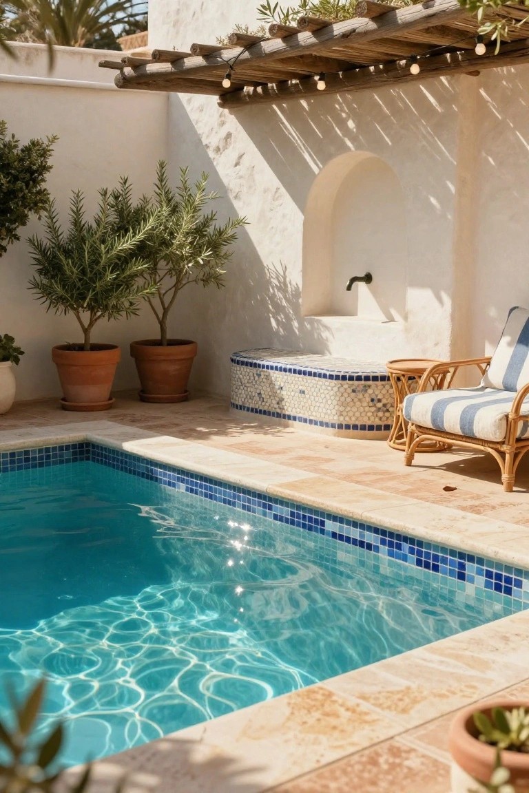 25 Artistic Mosaic Pool Tile Ideas That Feel Custom Made Small turquoise pool with blue mosaic tiled edges and matching built-in bench, white stucco walls, potted olive trees, rattan chair, and terracotta tile floor in a sunny courtyard.