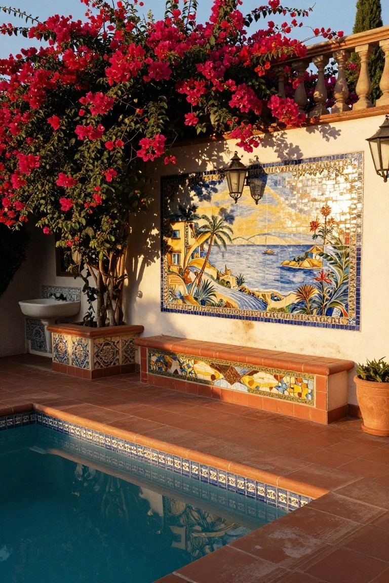 25 Artistic Mosaic Pool Tile Ideas That Feel Custom Made Outdoor pool area with terracotta decking, turquoise pool edged in blue and white tiles, red bougainvillea vines, a large mosaic mural of a beach scene on a white wall, tiled bench, pedestal sink planter, and lanterns.
