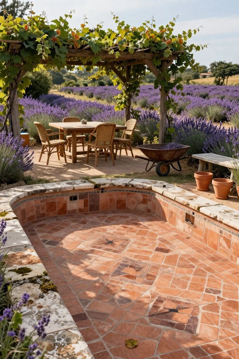 25 Artistic Mosaic Pool Tile Ideas That Feel Custom Made Rectangular pool with red terracotta tiles in diamond mosaic pattern, stone edging, surrounded by lavender plants, potted plants, wheelbarrow, outdoor dining table with wicker chairs under vine-covered wooden pergola, lavender fields in background.