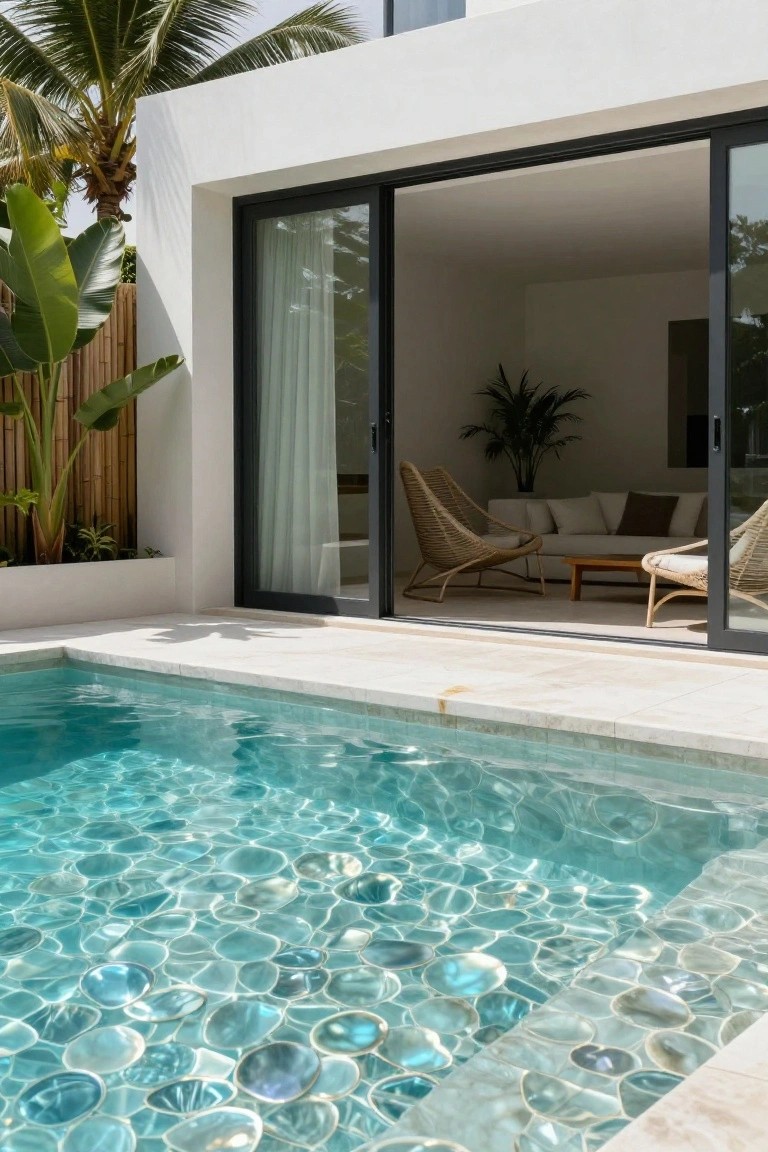 25 Artistic Mosaic Pool Tile Ideas That Feel Custom Made A shallow turquoise pool with iridescent shell-shaped mosaic tiles on the bottom, adjacent to a white modern house with open black sliding glass doors revealing rattan chairs, a sofa, plants, and a low table inside, surrounded by palms and bamboo fencing.