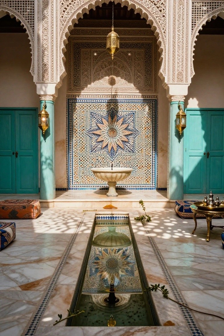 25 Artistic Mosaic Pool Tile Ideas That Feel Custom Made Indoor Moroccan-style courtyard featuring white stucco arches, turquoise doors, a large star-shaped mosaic tile wall above a marble fountain, a rectangular pool with matching underwater mosaics, orange and blue floor poufs, and brass tables on a marble floor.