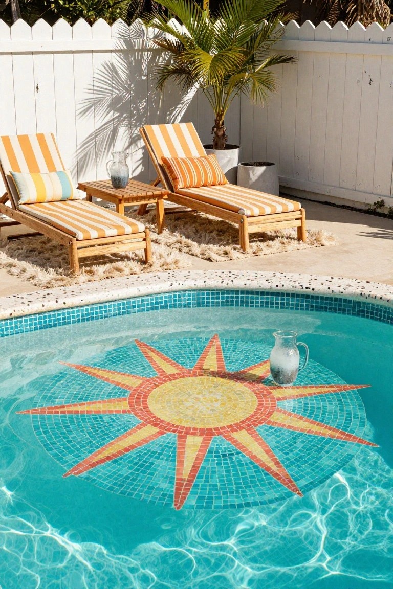 25 Artistic Mosaic Pool Tile Ideas That Feel Custom Made Backyard pool with colorful mosaic sun design on the bottom surrounded by water, a glass pitcher placed in the center, orange striped lounge chairs on a tiled patio, potted palms, and white picket fence.