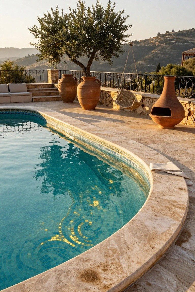 25 Artistic Mosaic Pool Tile Ideas That Feel Custom Made Curved swimming pool with blue mosaic tiles featuring swirling gold patterns along the edge, terracotta pots nearby, stone decking, and hillside view in the background.