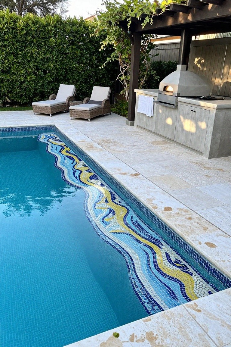 25 Artistic Mosaic Pool Tile Ideas That Feel Custom Made Swimming pool with a wavy mosaic tile border in blue, yellow, and white along one edge, travertine decking, nearby outdoor kitchen with pizza oven, lounge chairs, and greenery.