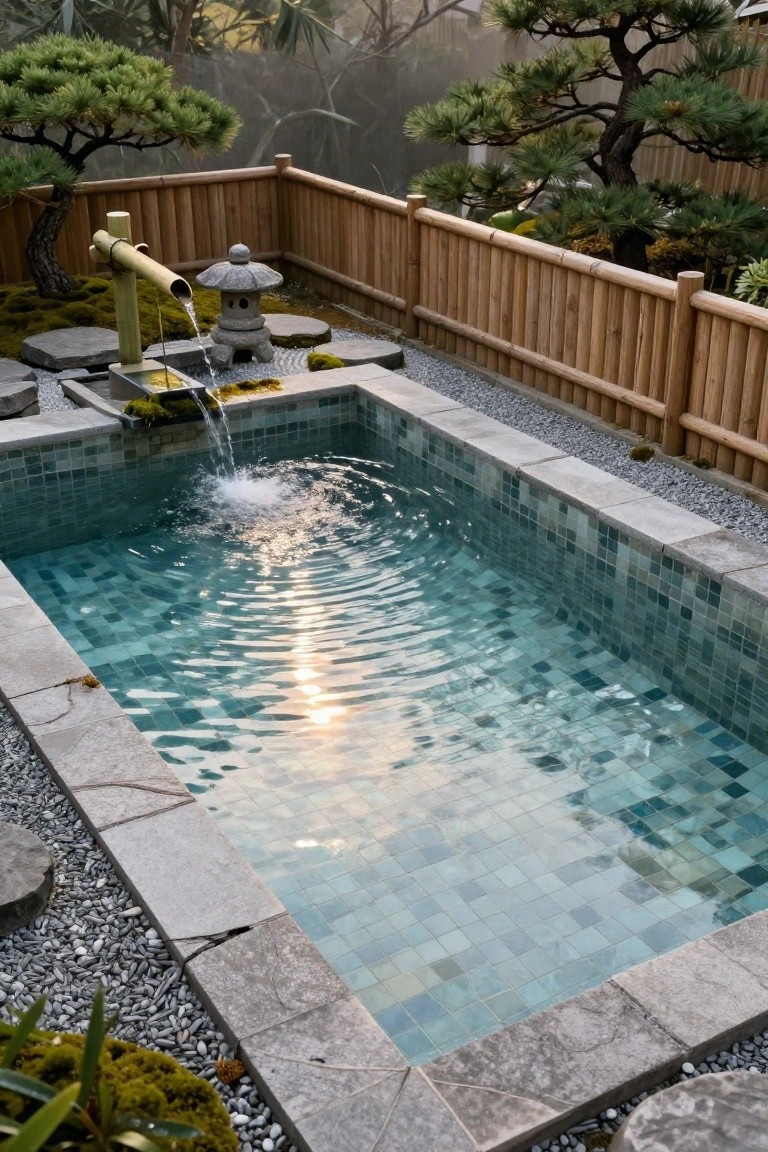 25 Artistic Mosaic Pool Tile Ideas That Feel Custom Made Small rectangular plunge pool lined with teal mosaic tiles in a fenced Japanese garden area, with bamboo fountain, stone lantern, bonsai trees, gravel, and mossy rocks around it.
