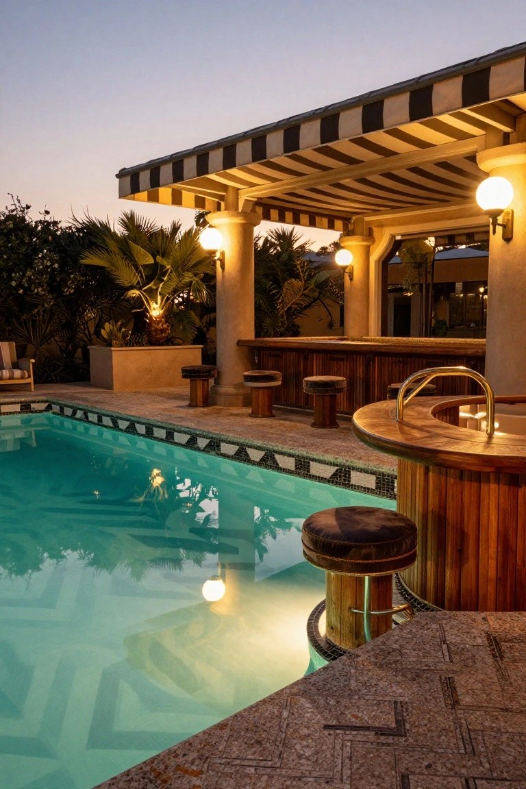 25 Artistic Mosaic Pool Tile Ideas That Feel Custom Made Turquoise pool with black and white zigzag mosaic tiles on the bottom and edges, adjacent to a wooden curved bar with leather stools under a striped awning, surrounded by palms and lit by globe lamps at dusk.