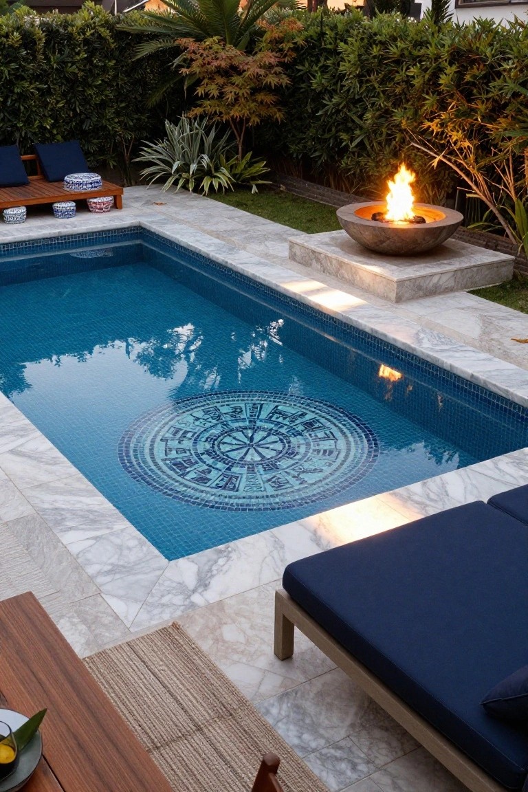 25 Artistic Mosaic Pool Tile Ideas That Feel Custom Made Rectangular blue-tiled swimming pool with a large circular zodiac wheel mosaic on the bottom, marble decking around it, a stone fire pit nearby, lounge chairs, a side table, and tropical plants in the background.