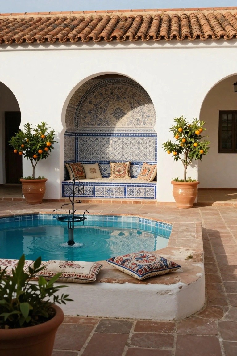 White arched courtyard with blue tiled bench seating facing a small hexagonal blue pool with fountain, flanked by potted orange trees on terracotta patio.