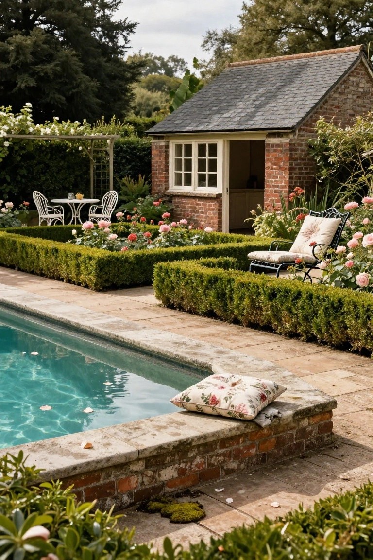 A turquoise semi-inground pool edged in stone and bordered by low clipped boxwood hedges, with a small brick pool house nearby, white metal chairs on a patio, and rose plantings in a garden setting.