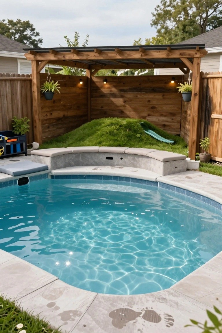 A semi-inground turquoise pool with curved gray concrete bench seating around its edge, adjacent to a grass-covered mound with a green slide, under a wooden pergola with hanging plants and lights, in a backyard fenced with wood.