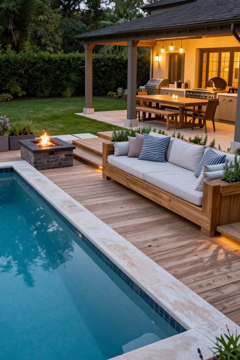 Semi-inground pool with adjacent wooden deck holding a long built-in sofa and cushions, a brick fire pit, steps, and potted plants, plus a covered patio with grill and dining table in the background.