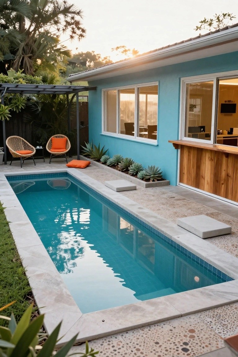 Narrow rectangular semi-inground pool with blue tiles and travertine coping next to a turquoise house wall featuring large windows, wooden bar counter, orange rattan chairs, agave plants in pots, and tropical greenery in a backyard at sunset.