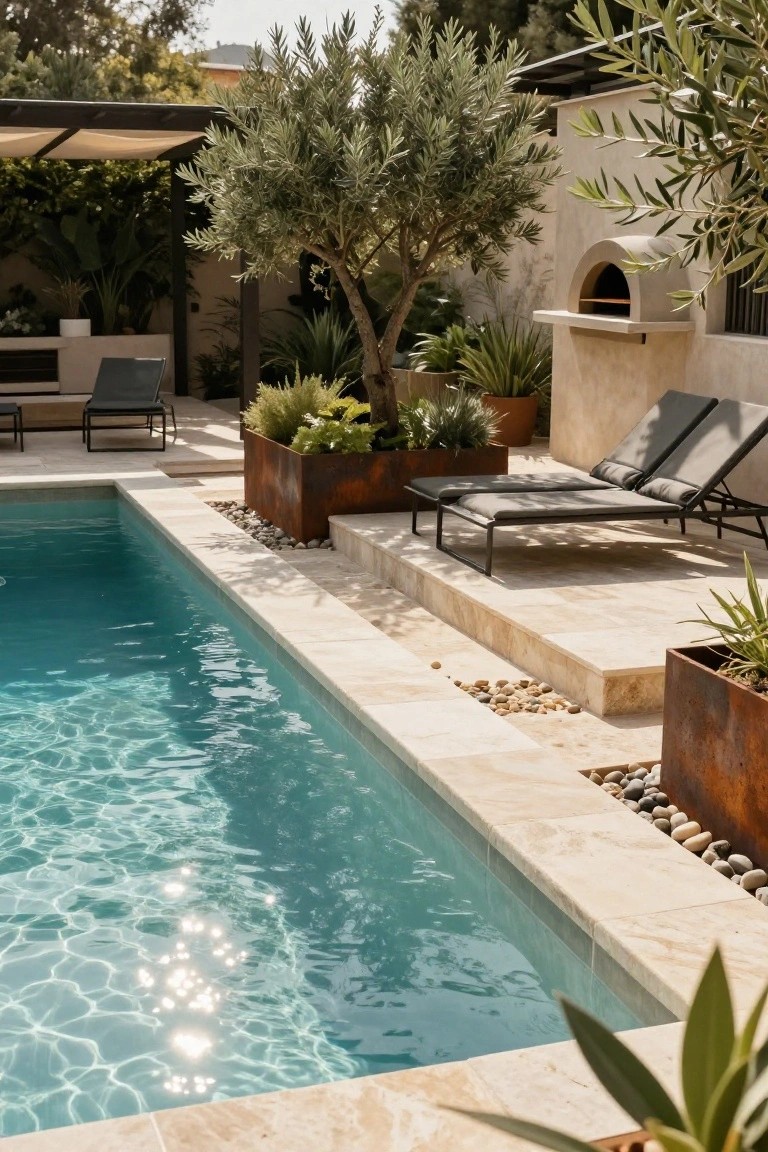 Turquoise semi-inground pool with beige travertine decking along one side, black double loungers on a raised platform, corten steel planters with agave plants, pebble accents, olive trees, and a stone pizza oven in a landscaped backyard.